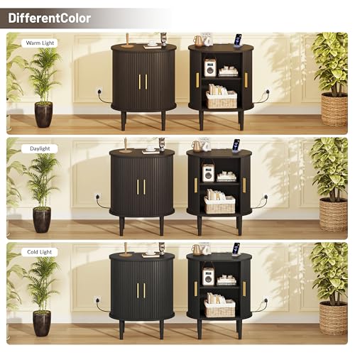 Mid Century Modern Nightstand Set of 2 with Charging Station, Fluted Accent Side Table with Sliding Door & Adjustable Shelf, End Table for Small Space, Living Room, Bedroom,Sofa Couch, Black