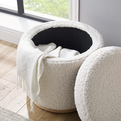 Home Décor Cream Sherpa Round Storage Wooden Base by Lexington Ottoman (AMZN2305)