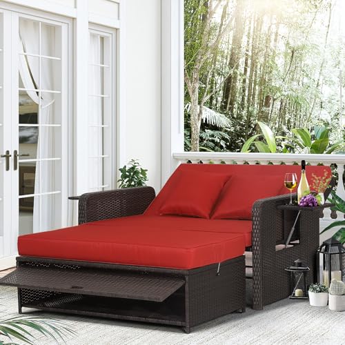 Moccha Outdoor Daybed, Wicker Loveseat Sofa Set with 4-Postion Adjustable Backrest, Storage Ottoman, Cushions, Rattan Double Bed Lounger, Patio Furniture Set (Red)