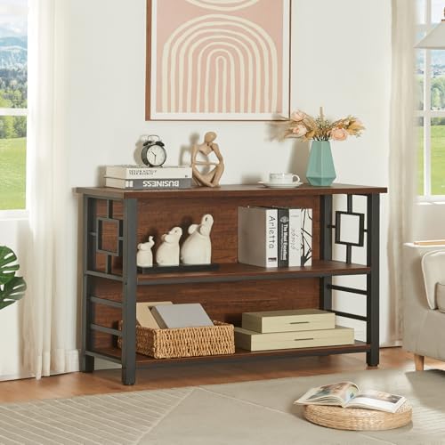 Book Shelf, 3 Tier Long Bookshelf with Storage, Engineered Wood and Metal Shelf Bookcase, Low Short Bookcases for Small Space, Living Room, Bedroom, Office, Rustic Brown