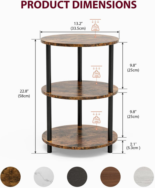 Small round End Table - 3 Tier Design Accent Table, Narrow Side or Bedside Stand, Industrial Vintage Nightstand for Bedroom, Living Room, or Small Spaces, Rustic Brown