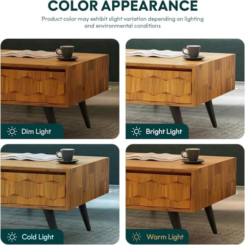 Georgina Solid Wood Coffee Table, 2 Drawers & Open Shelves, Mid Century Modern Center Table, 110 cm, Teak Brown, Pre-Assembled