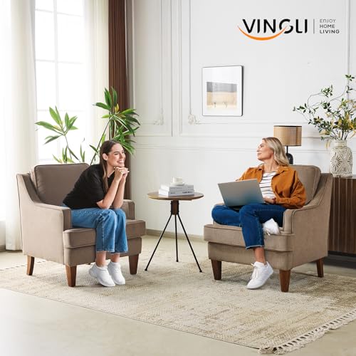 Mid-Century Accent Chairs Set of 2, Light Brown Upholstered Armchair Comfy Sofa Chairs Reading Chair High Back Living Room Bedroom Furniture for Apartment