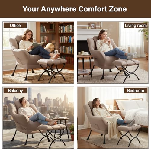 Lazy Chair with Ottoman, Modern Reading Accent Chair with Armrests and a Side Pocket, Leisure Upholstered Lazy Sofa Set with Footrest for Small Space, Khaki
