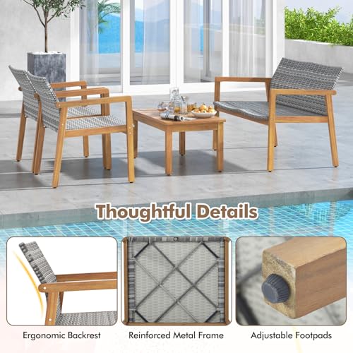 4 Pieces Outdoor Furniture Set, Acacia Wood Frame Sofa Set w/Rattan Seat & Back, Patio Conversation Set w/Coffee Table for Balcony, Poolside, Backyard (Mix Gray)