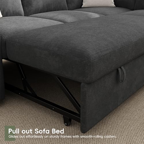 86" Sectional Sleeper Sofa Bed, 5 Seat Pull Out Couch with Storage, Gray | L Shaped Sectional Couches for Living Room, Apartment and Guest Room, Chenille Upholstered Sectional Couch