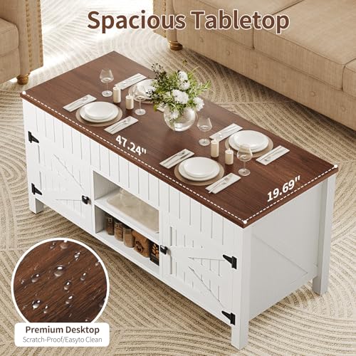 47.3“ Lift Top Coffee Table with Storage - White Coffee Tables for Living Room, Farmhouse Wood Center Table, Large Rectangle Middle Tables with Hidden Compartment & Adjustable Shelf