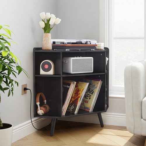 Corner Record Player Stand with Charging Station & USB Ports, view 7