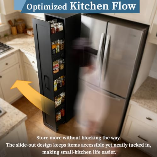 Slim Black Pantry Cabinet with Rolling Tiered Shelf Next to Fridge, view 8