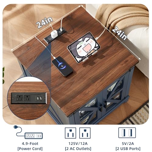 Farmhouse End Table with Charging Station, 24" Large Sofa Side Table with Glass Barn Door, Blue Nightstand with Adjustable Storage Shelf,Wood Square Bedside Table for Living Room,Bedroom
