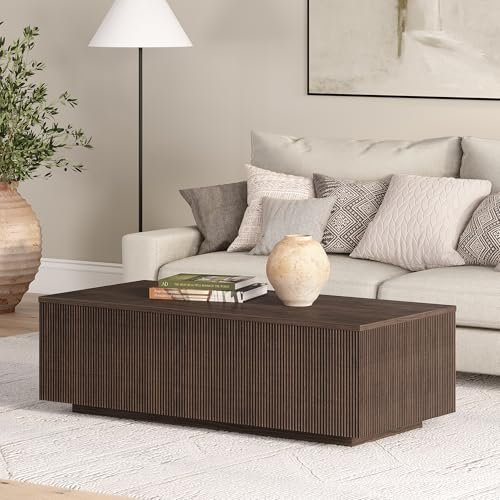 48" Fluted Rectangular Low-Profile Coffee Table with Ribbed Base for Living Room, Family Room, or Office, Rich Brown