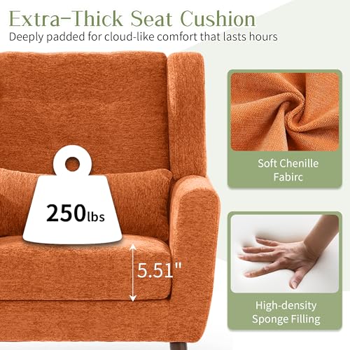 Accent Arm Chairs for Living Room, Chenille Upholstered Mordern Armchair, Comfy Soft Padded Lounge Chair in Small Spaces, Bedroom, Pillow, Solid Wood Leg, Orange