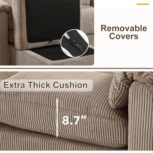90" Wide Modular L Shaped Sofa Couch with Movable Ottoman, Convertible Corduroy Sectional Couches with Reversible Chaises and Rolled Arm for Living Room,Brown