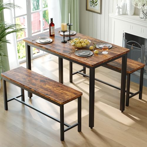 Dining Table Set for 4, 3-Piece Kitchen Table with 2 Benches, Space-Saving Dining Room Set for Breakfast Nook and Small Spaces, Brown