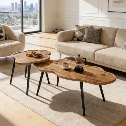 Nesting Coffee Table Set of 2, Solid Wood Coffee Tables with Cloud Tabletop, Stacking Accent Tables with Adjustable Non-Slip Feet for Living Room, Bedroom & Small Space, Rustic Brown