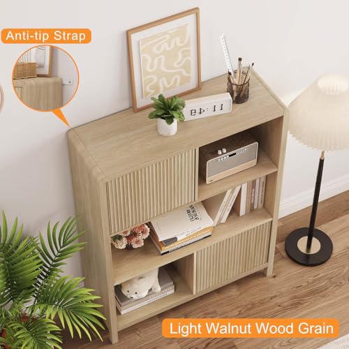 Cube Bookshelf with 2 Doors, Wood Bookcase with Storage, Modern 5 Cubby Book Shelf for Home Office Living Room (Light Walnut)
