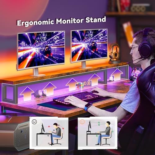 63" L Shaped Home Office Desk with Power Outlets & LED Lights, Monitor Stand + Printer Stand, Reversible Ergonomic Corner Computer Desk with Storage,Office, Bedroom,Rustic Brown