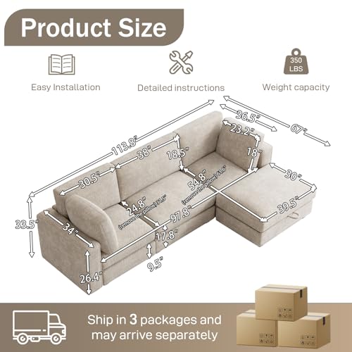 114" Oversized Modular Sectional Sofa, L Shaped Sectional Couches for Living Room, 4 Seat Modular Sofa with Storage Ottoman & Removable Cover, Beige White