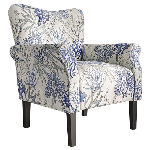 Modern Accent Chair for Living Room, High Back Linen Armchair with Wooden Legs, Upholstered Wingback Side Chair Padded Armrest Single Sofa for Living Room, Bedroom - Allston (Blue Coral)