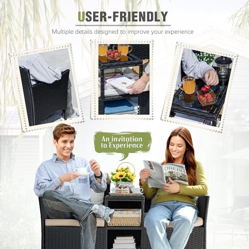Patio Loveseat Outdoor Wicker Furniture Conversation Set with Soft Cushions & Built-in Coffee Table for Lawn Garden Backyard, Beige