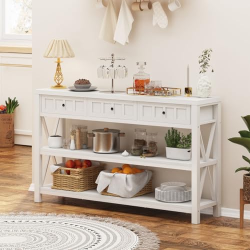 Console Table for Entryway, Wood and Metal Sofa Table with 3 Drawers for Living Room, Farmhouse Hallway Tables and Modern Couch Tables Behind Sofa (54.72 Inch Long, White Oak)