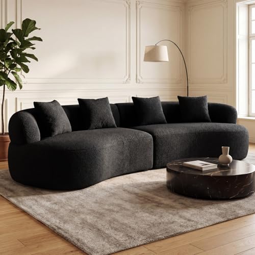 113" Curved Sectional Sofa Modern Cream Cloud Couch Modular Sectional Couches for Living Room Boneless Cloud Sofa Boucle Loveseat Comfy Chenille Deep Seat with 4 Pillows, Black