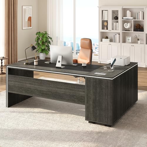 71" Executive Desk with Storage Cabinet, Modern L-Shaped Office Desk with Bookshelf, Storage Shelves, CPU Stand & Cable Management, Large Computer Workstation for Home Office (Gray)