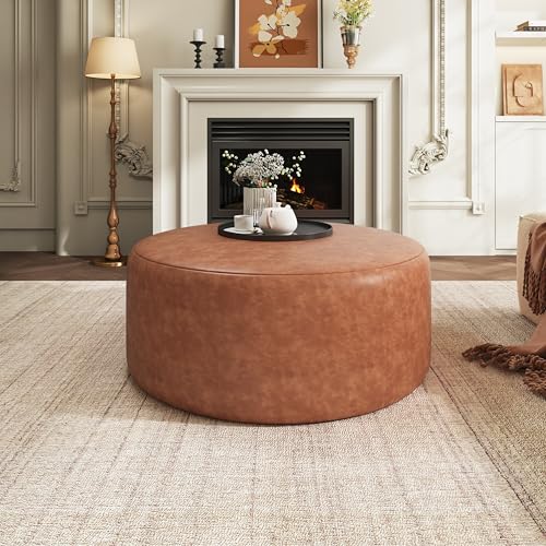 GAVI PU Leather Ottoman Foot Stool, 30" Pouf Footstool Ottoman Seat, Upholstered Foot Chair, Round Footrest, Modern Side Table for Living Room Bedroom Home Decor, Cognac Brown