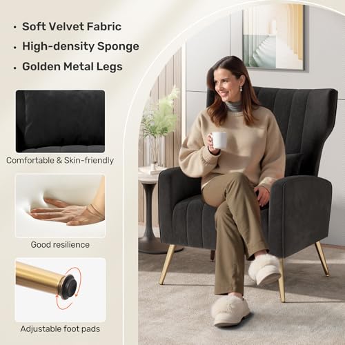 Velvet Accent Chairs Modern High Back Armchair Arm Chair with Lumbar Pillow, High Back Upholstered Single Sofa Chair with Gold Metal Legs for Bedroom,Black