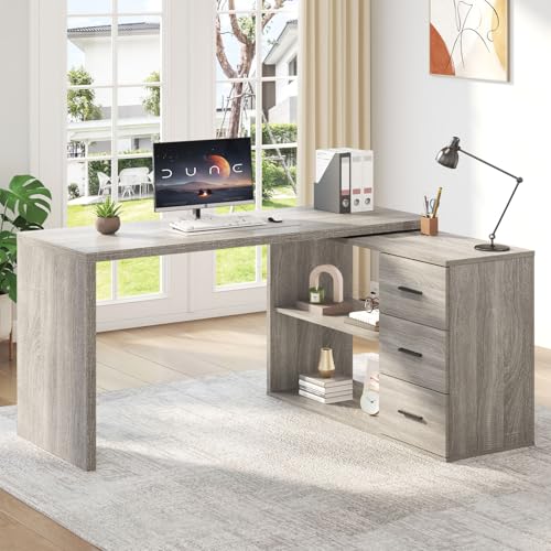 L Shaped Office Desk with Drawers Shelves 55-76 Inch, Corner Computer Desk with Storage 360 Rotating Long for Work, Executive, Study, Writing, Teacher, Bedroom Modern Gaming Table, Light Grey