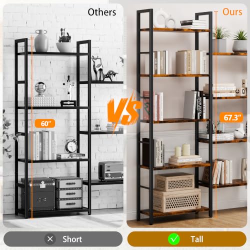 Triple 5 Tier Bookshelf, Industrial Large Bookcase with 14 Open Display Shelves, Large Etagere Bookshelf,Wide Book Shelf Book Case for Home & Office, Brown