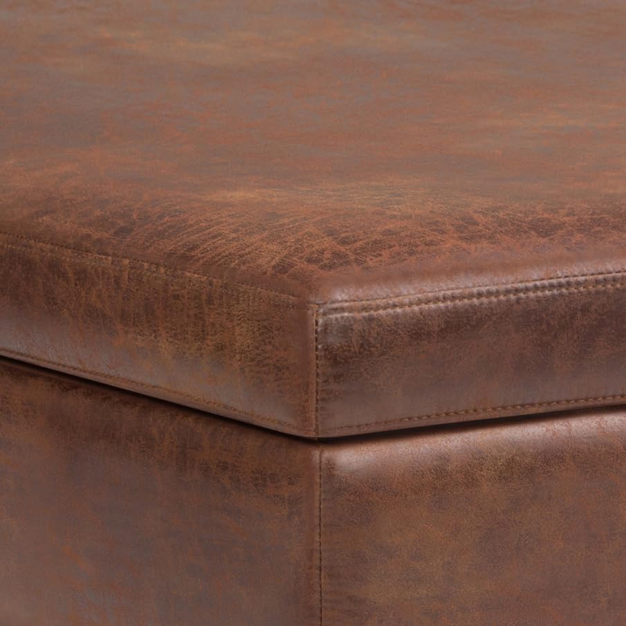 Owen XL Square Coffee Table Storage Ottoman - 40 inch Wide Upholstered Vegan Leather Lift-Top Ottoman in Distressed Saddle Brown, Mid-Century Modern Ottoman for Living Room with Storage