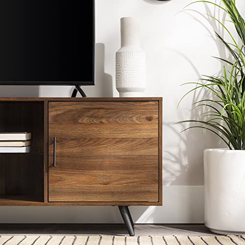 Saxon Mid Century Modern 2 Door Glass Shelf TV Stand for TVs up to 80 Inches, 70 Inch, Dark Walnut