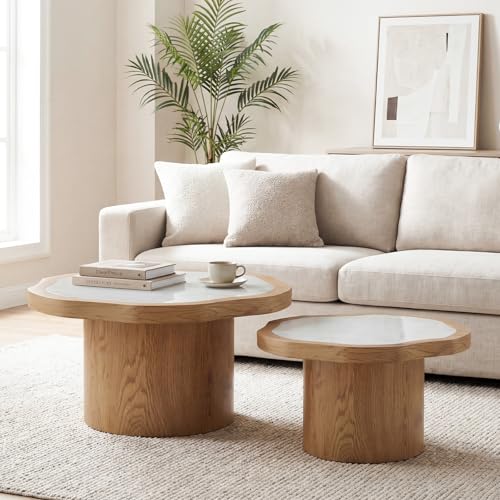 Nesting Coffee Table Set of 2, Modern Coffee Table and End Table Set, Fiberglass Top Wood Grain Accent Table for Living Room Bedroom, Natural Color