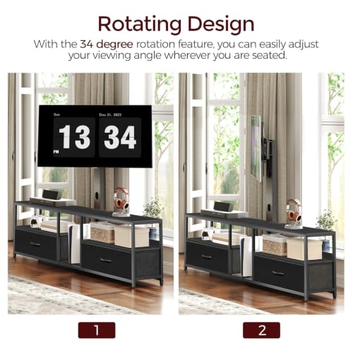 TV Stand with Mount for up to 75", Entertainment Center with Switch-Controlled Charging Station, Swivel TV Stand Mount with Fabric Drawers, for Living Room, Black TVBK154E01N2