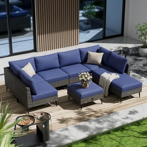 8 Pieces Outdoor Patio Furniture Set, Wicker Sectional Sofa Set for All-Weather, Rattan Conversation Sets with Cushions and Storage for Deck, Backyard, Porch (Grey)