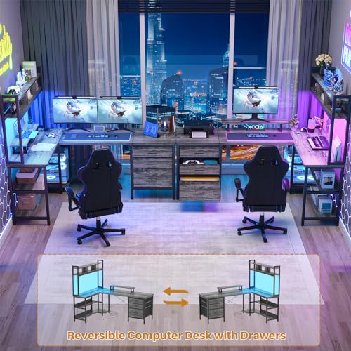 L Shaped Desk with Hutch, Gaming Desk with Led Lights, Reversible Computer Desk with Power Outlet, Corner Desk with File Drawer & Monitor Stand, Storage Shelves for Home Office, Black Oak