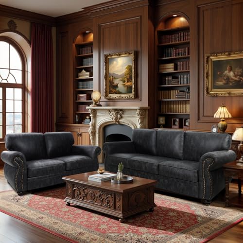 Living Room Furniture Sets,Sofa Sets and Couch Sets for Living Room,Mid-Century Vintage Sofa Couches with Rivet Design (Grey, Loveseat+3 Seater)