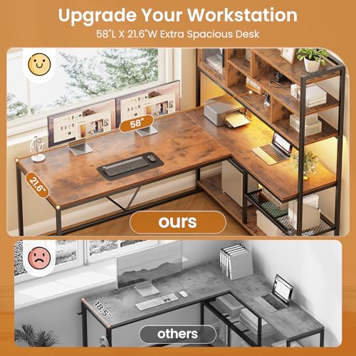 L Shaped Computer Desk with Storage Shelves, Bookshelf, Rustic Brown, view 7