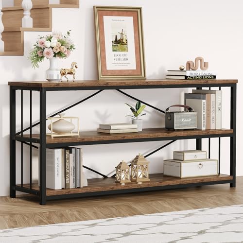 Horizontal Low Bookshelf, Extra Long Industrial Wood 3 Tier Bookcase, Wide Open Metal Large Book Shelf for Bedroom Living Room, Rustic Brown, 70 Inch