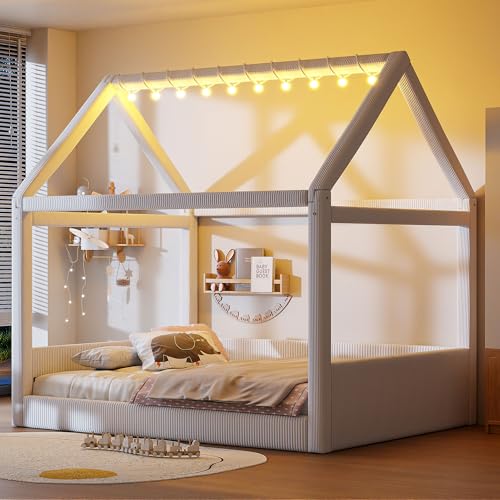 Modern Upholstered House Bed Frame with Headboard, Floor Sofa Day Bed for Boys, view 2