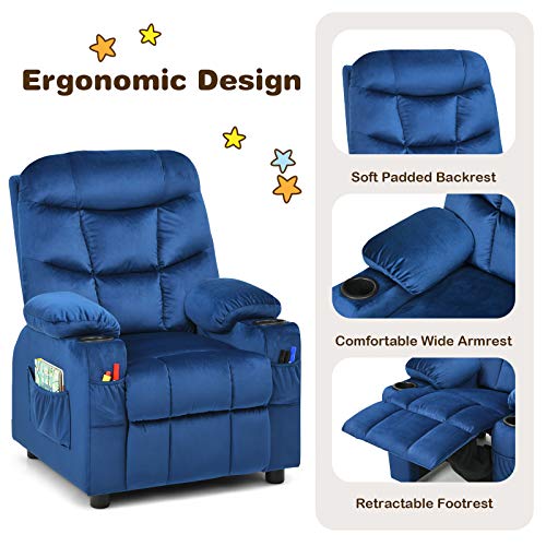 Kids Recliner Chair with Cup Holder, Adjustable Velvet Lounge Chair w/Footrest & Side Pockets for Children Boys Girls Room, Ergonomic Toddler Furniture Sofa Gifts, Kids Recliner (Blue)