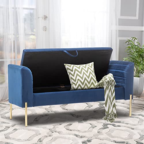 Storage Bench,Upholstered Storage Ottoman Bench,Modern Bed Bench Entryway Bench with Gold Legs for Bedroom Living Room Blue