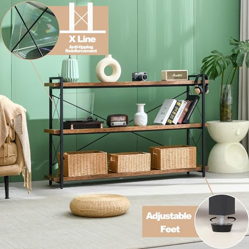 Bookshelf, 3-Tier Long Industrial Bookcase, Rustic Open Book Shelf, Freestanding Horizontal Bookshelves with Metal Frame