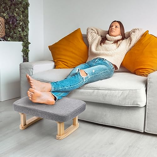 Small Footstool Ottoman, Rectangle Fabric Foot Stool Rest with Wooden Legs and Non-Slip Soft Padding, Modern Footstools Step for Couch, Desk, Office, Living Room, Bedroom, Entryway, Dogs, Gray