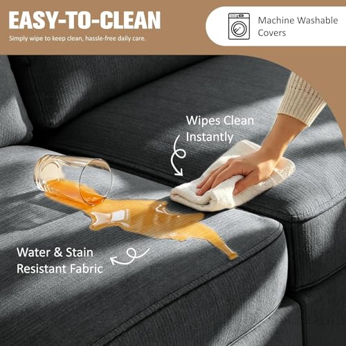 3-Seat Reversible Sectional Sofa with Convertible Ottoman, Modern Ribbed Fabric L-Shaped Couch for Living Room, Small Apartment & Office, Easy Tool-Free Assembly, Grey