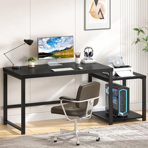Large Home Office Desk, Black Computer Desk with Storage Shelves, Modern Wood Writing Study Gaming Table for Bedroom Living Room, 63 Inch
