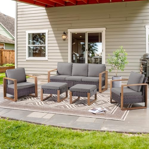 5 Piece Outdoor Wicker Patio Conversation Furniture Set Deep Seating, Metal Wide Armrests Patio Sofa Set with Rattan Chairs Ottomans for Porch Deck Sunroom Backyard