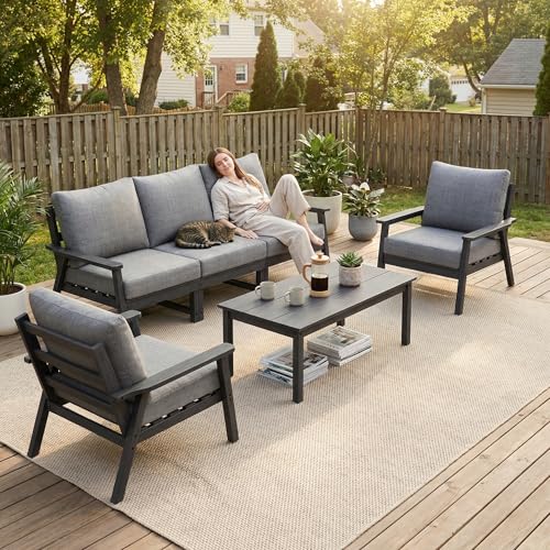 HDPE Patio Furinture Set, 6 Piece Sectional Sofa Outdoor Furniture Set, All Weather Outdoor Couch Set Patio Conversation Set for Deck, Lawn, Grey