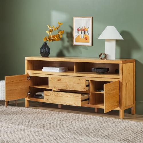 Nash Modern Farmhouse Rustic Solid Oak Wood Sideboard with Storage, 65 inch, White Oak